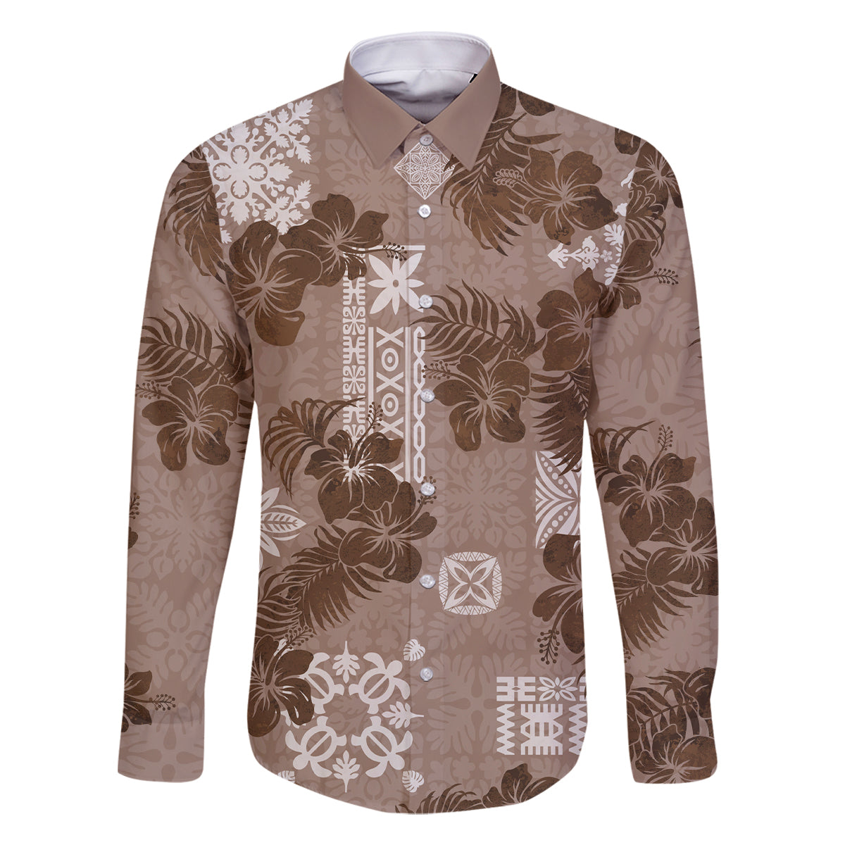 Vintage Hawaii Family Matching Off Shoulder Long Sleeve Dress and Hawaiian Shirt Hibiscus Mix Hawaiian Quilt Patches - Brown LT7 Dad's Shirt - Long Sleeve Brown - Polynesian Pride