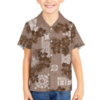 Vintage Hawaii Family Matching Puletasi Dress and Hawaiian Shirt Hibiscus Mix Hawaiian Quilt Patches - Brown LT7 Son's Shirt Brown - Polynesian Pride