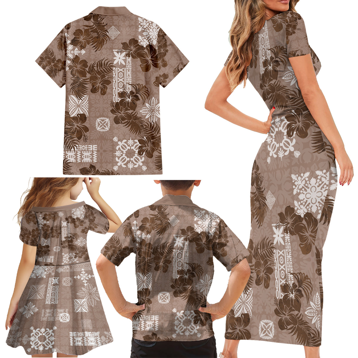 Vintage Hawaii Family Matching Short Sleeve Bodycon Dress and Hawaiian Shirt Hibiscus Mix Hawaiian Quilt Patches - Brown LT7 - Polynesian Pride
