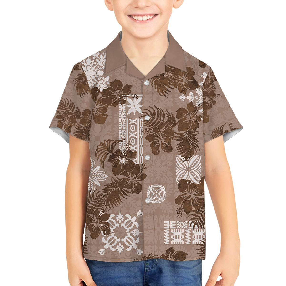 Vintage Hawaii Family Matching Tank Maxi Dress and Hawaiian Shirt Hibiscus Mix Hawaiian Quilt Patches - Brown LT7 Son's Shirt Brown - Polynesian Pride