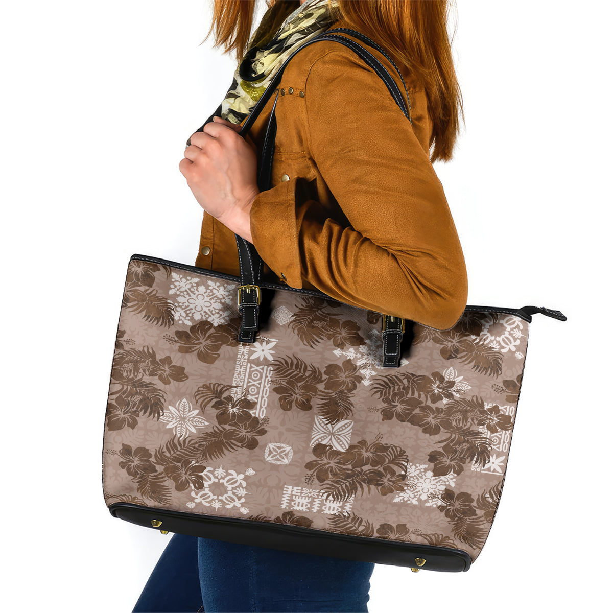 Vintage Hawaii Leather Tote Bag Hibiscus Mix Hawaiian Quilt Patches - Brown LT7 Brown - Polynesian Pride