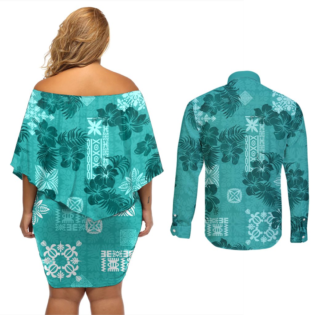 Vintage Hawaii Couples Matching Off Shoulder Short Dress and Long Sleeve Button Shirt Hibiscus Mix Hawaiian Quilt Patches - Teal LT7 - Polynesian Pride