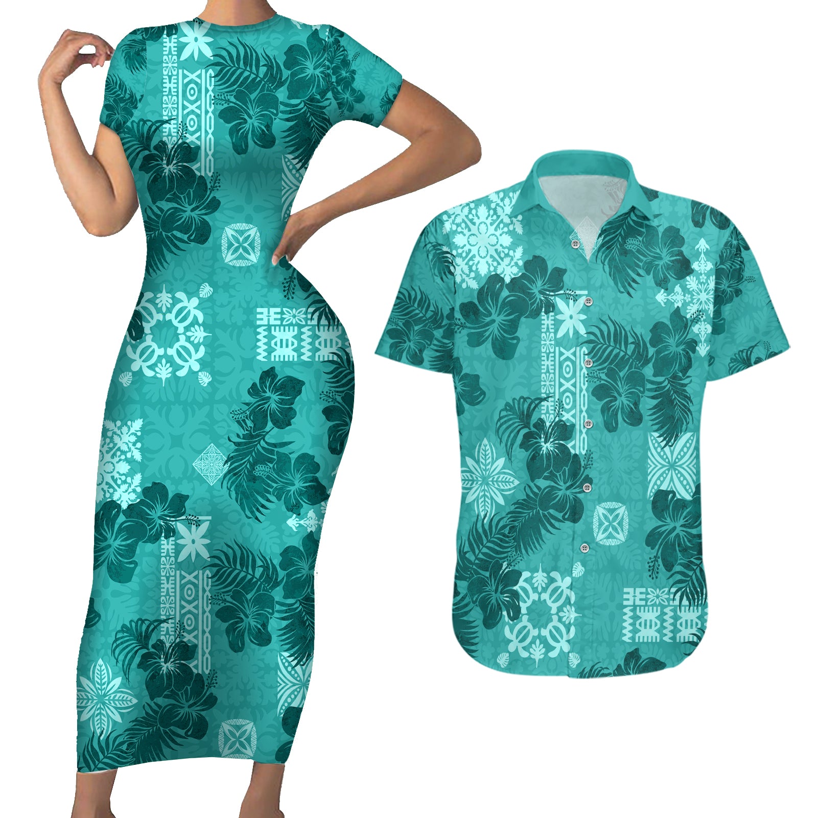 Vintage Hawaii Couples Matching Short Sleeve Bodycon Dress and Hawaiian Shirt Hibiscus Mix Hawaiian Quilt Patches - Teal LT7 Teal - Polynesian Pride