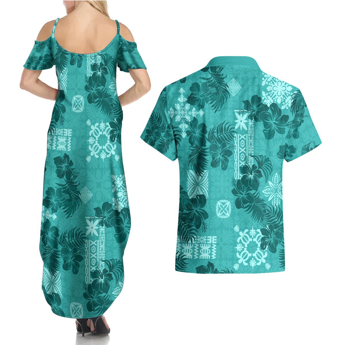 Vintage Hawaii Couples Matching Summer Maxi Dress and Hawaiian Shirt Hibiscus Mix Hawaiian Quilt Patches - Teal LT7 - Polynesian Pride