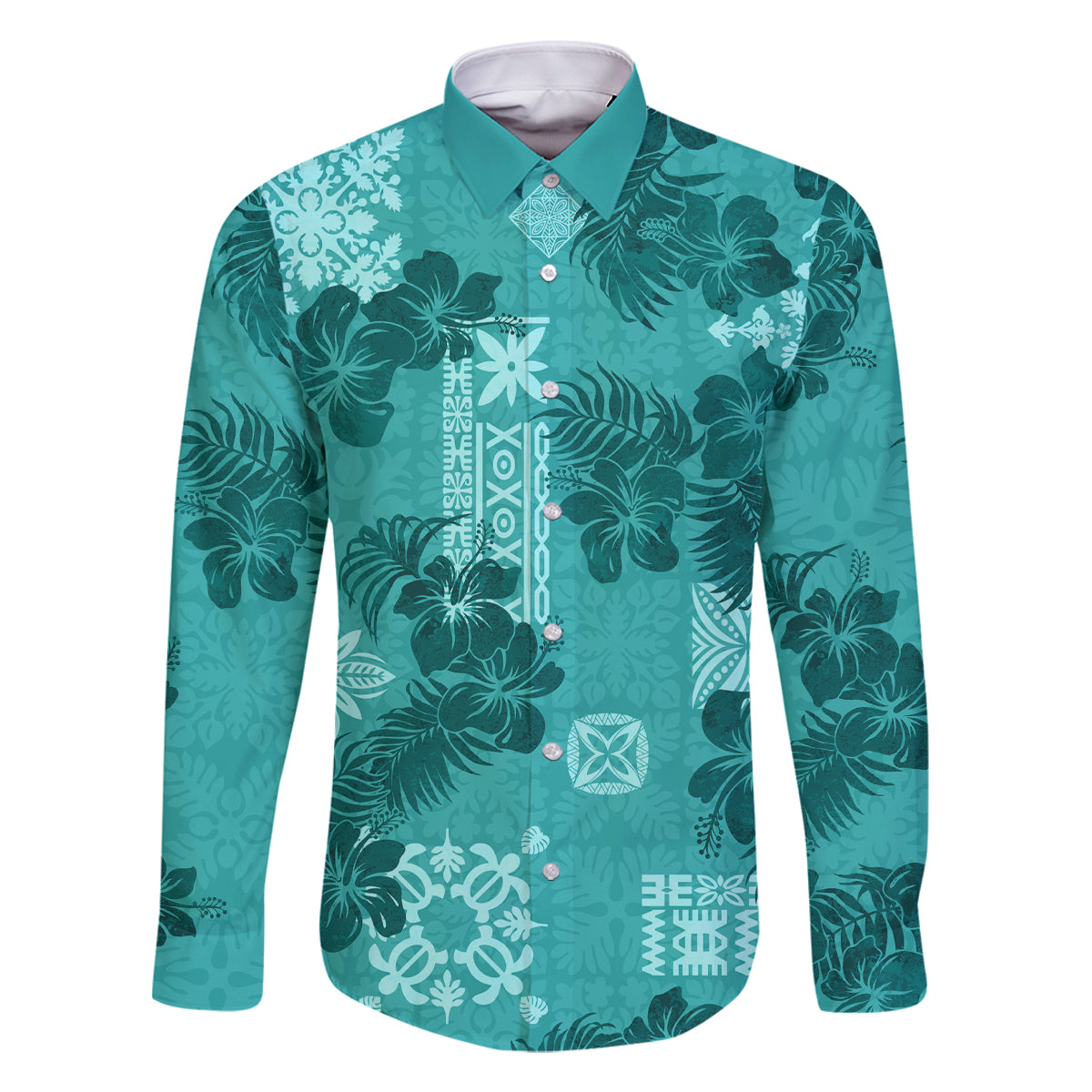 Vintage Hawaii Family Matching Mermaid Dress and Hawaiian Shirt Hibiscus Mix Hawaiian Quilt Patches - Teal LT7 Dad's Shirt - Long Sleeve Teal - Polynesian Pride