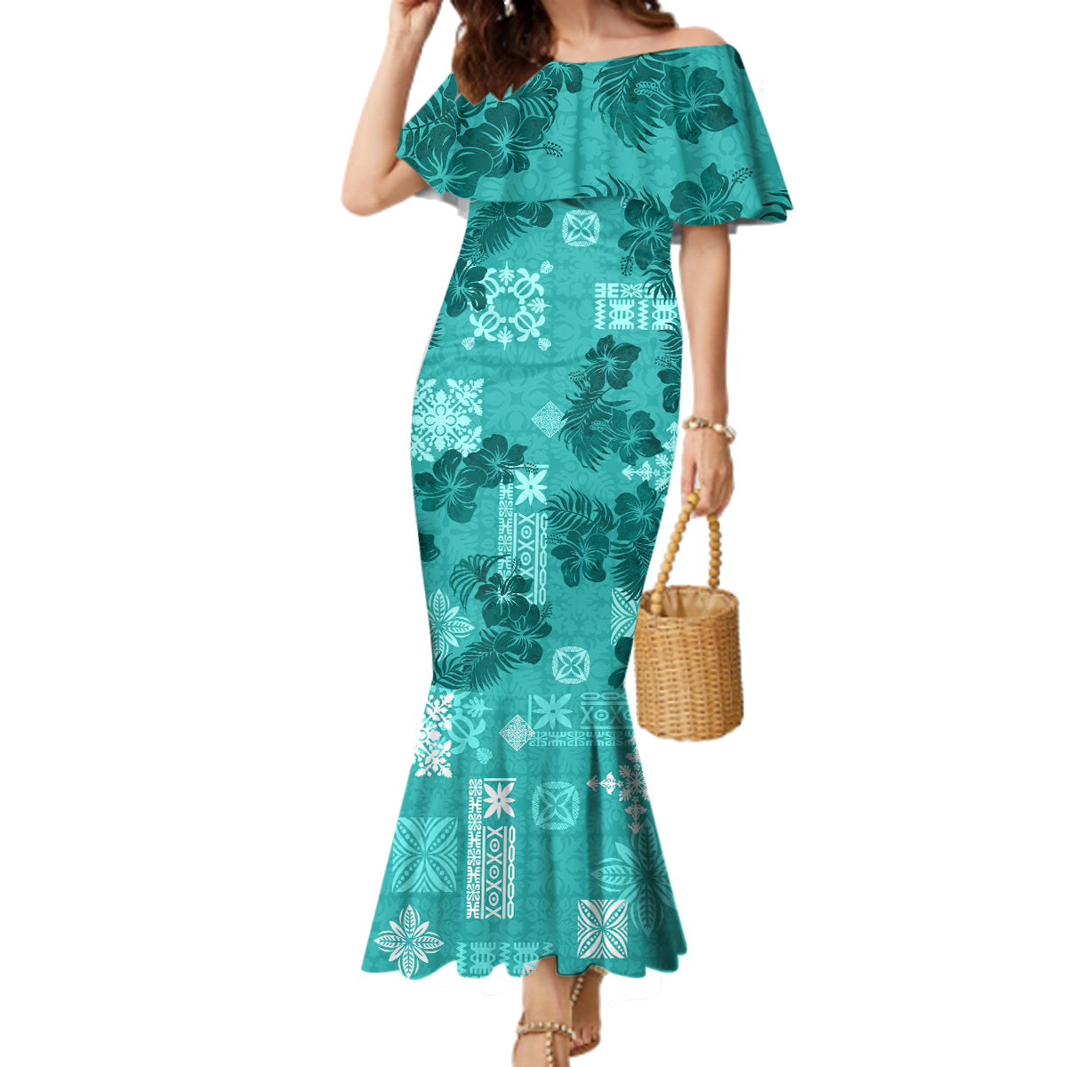 Vintage Hawaii Family Matching Mermaid Dress and Hawaiian Shirt Hibiscus Mix Hawaiian Quilt Patches - Teal LT7 Mom's Dress Teal - Polynesian Pride