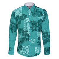 Vintage Hawaii Family Matching Off Shoulder Maxi Dress and Hawaiian Shirt Hibiscus Mix Hawaiian Quilt Patches - Teal LT7 Dad's Shirt - Long Sleeve Teal - Polynesian Pride