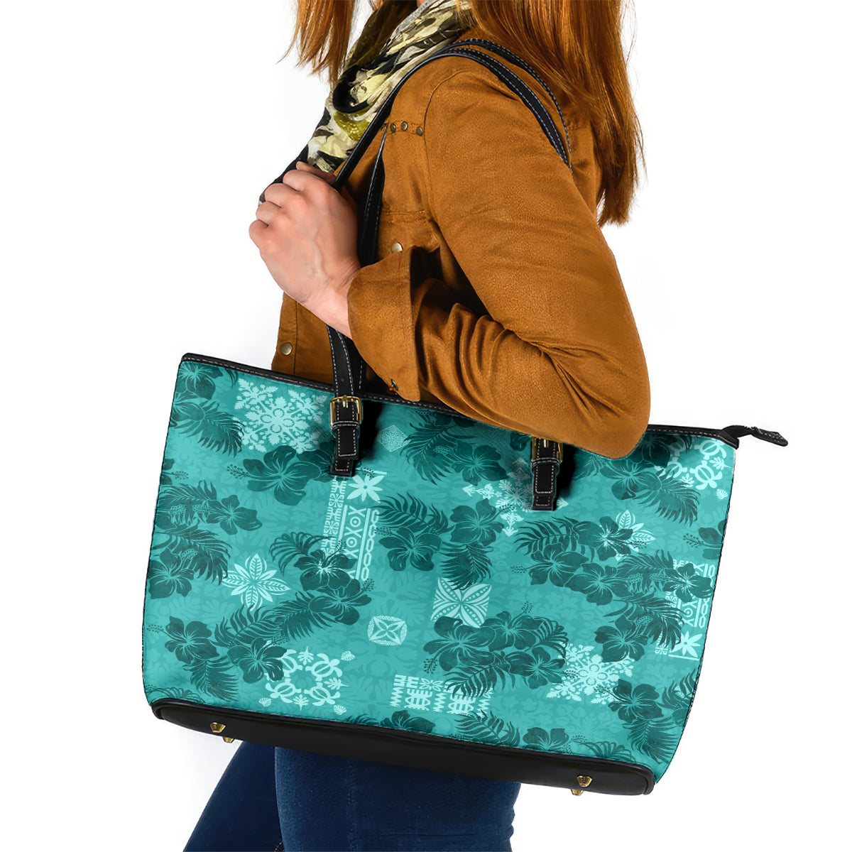 Vintage Hawaii Leather Tote Bag Hibiscus Mix Hawaiian Quilt Patches - Teal LT7 Teal - Polynesian Pride