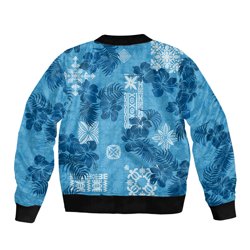 Hawaii Tapa Bomber Jacket Hibiscus Mix Hawaiian Quilt Patches - Blue LT7 - Polynesian Pride