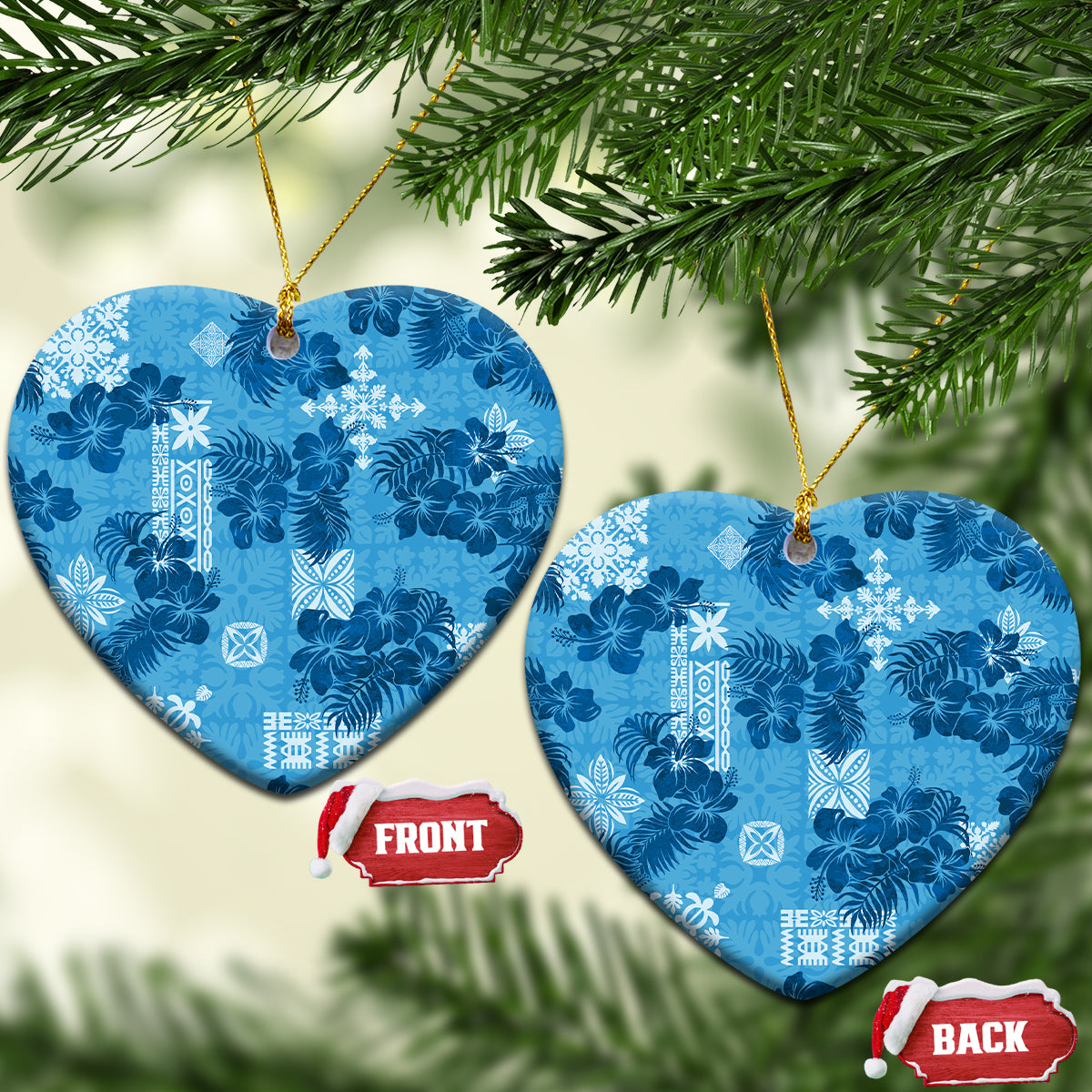 Vintage Hawaiian Quilt Patches Mix Hibiscus Ceramic Ornament Blue LT7 Heart Blue - Polynesian Pride