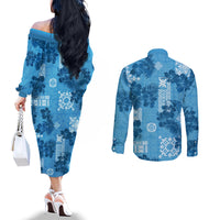 Hawaii Tapa Couples Matching Off The Shoulder Long Sleeve Dress and Long Sleeve Button Shirt Hibiscus Mix Hawaiian Quilt Patches - Blue LT7 - Polynesian Pride