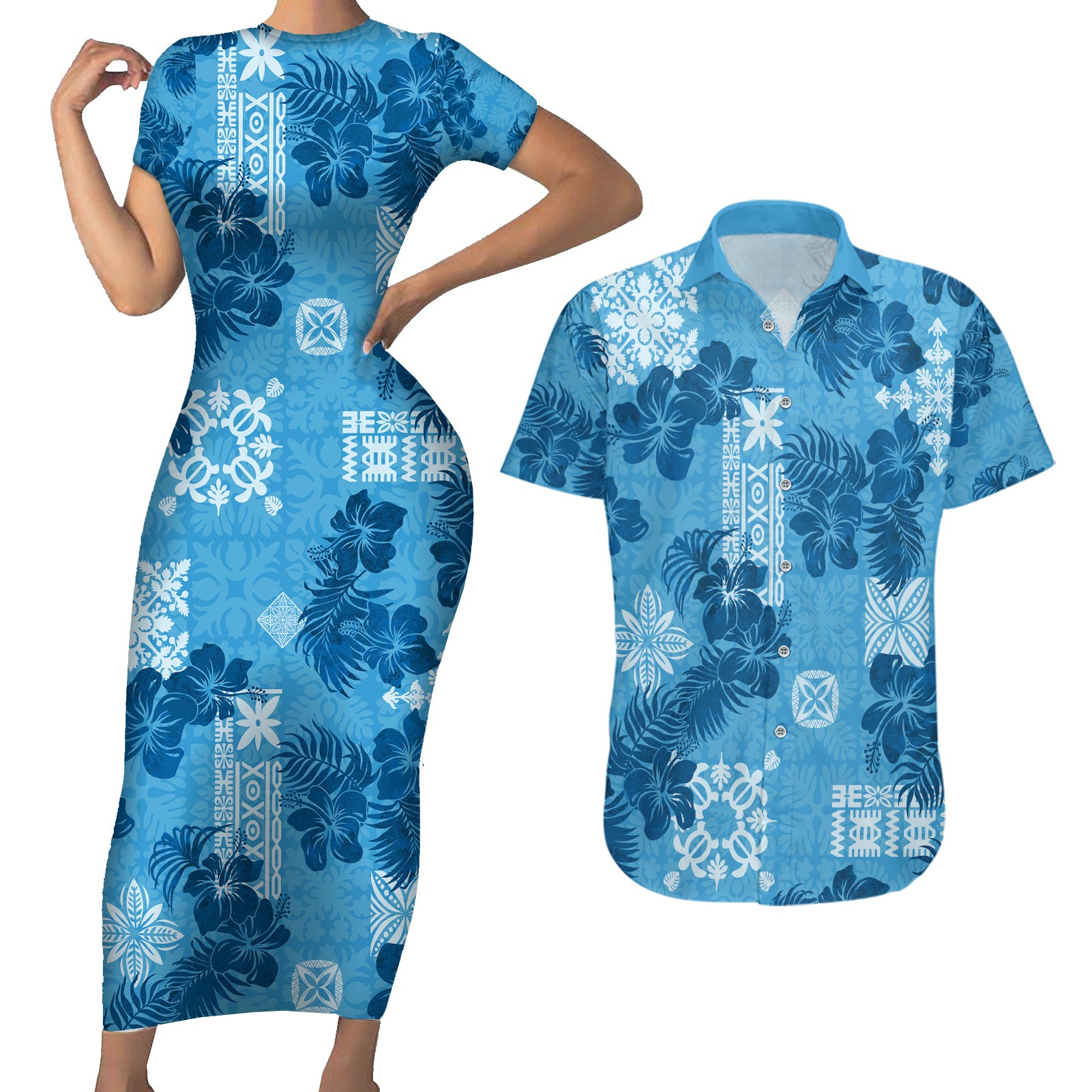 Hawaii Tapa Couples Matching Short Sleeve Bodycon Dress and Hawaiian Shirt Hibiscus Mix Hawaiian Quilt Patches - Blue LT7 Blue - Polynesian Pride