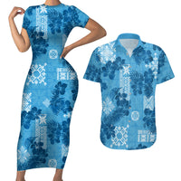Hawaii Tapa Couples Matching Short Sleeve Bodycon Dress and Hawaiian Shirt Hibiscus Mix Hawaiian Quilt Patches - Blue LT7 Blue - Polynesian Pride
