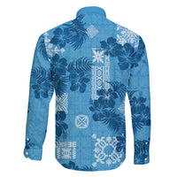 Hawaii Tapa Family Matching Short Sleeve Bodycon Dress and Hawaiian Shirt Hibiscus Mix Hawaiian Quilt Patches - Blue LT7 - Polynesian Pride