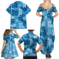 Hawaii Tapa Family Matching Summer Maxi Dress and Hawaiian Shirt Hibiscus Mix Hawaiian Quilt Patches - Blue LT7 - Polynesian Pride