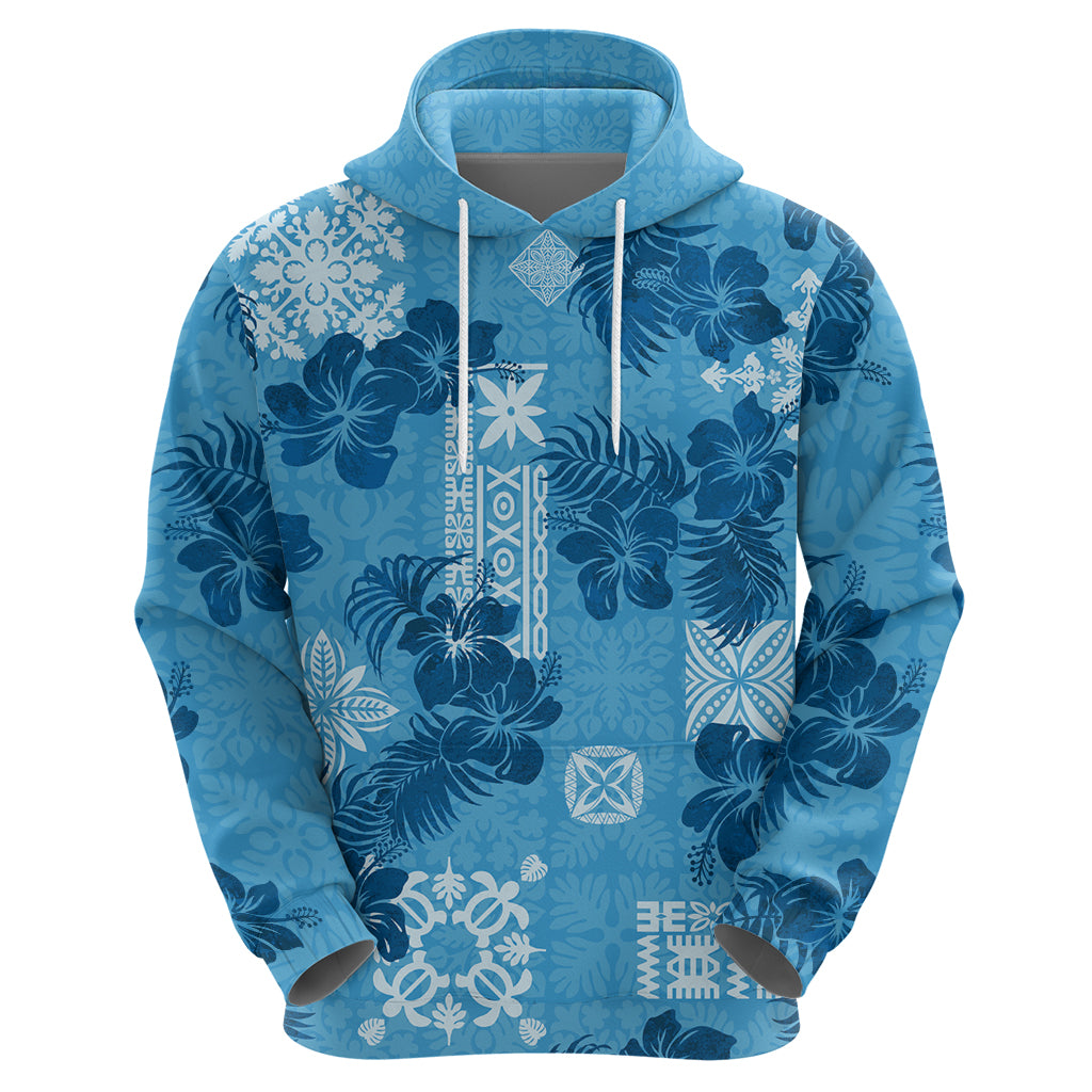 Hawaii Tapa Hoodie Hibiscus Mix Hawaiian Quilt Patches - Blue LT7 - Polynesian Pride