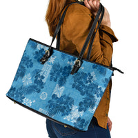 Hawaii Tapa Leather Tote Bag Hibiscus Mix Hawaiian Quilt Patches - Blue LT7 - Polynesian Pride