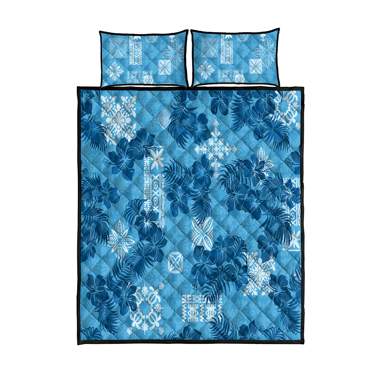 Hawaii Tapa Quilt Bed Set Hibiscus Mix Hawaiian Quilt Patches - Blue LT7 Blue - Polynesian Pride