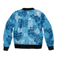 Hawaii Tapa Sleeve Zip Bomber Jacket Hibiscus Mix Hawaiian Quilt Patches - Blue LT7 - Polynesian Pride