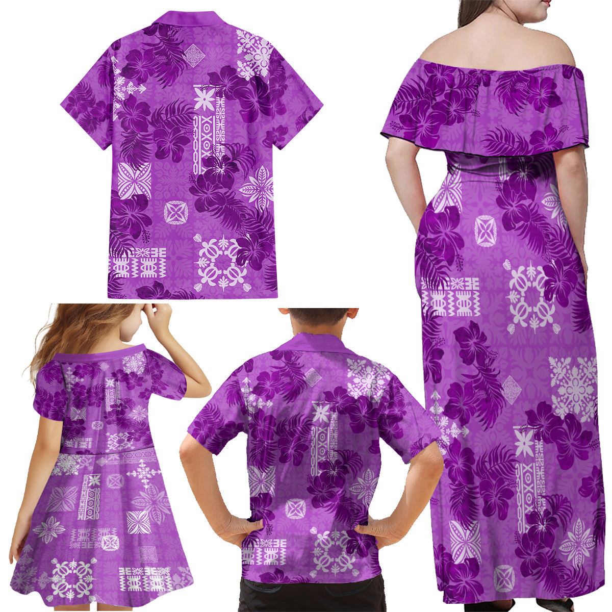 Hawaii Tapa Family Matching Off Shoulder Maxi Dress and Hawaiian Shirt Hibiscus Mix Hawaiian Quilt Patches - Violet LT7 - Polynesian Pride