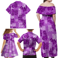 Hawaii Tapa Family Matching Off Shoulder Maxi Dress and Hawaiian Shirt Hibiscus Mix Hawaiian Quilt Patches - Violet LT7 - Polynesian Pride