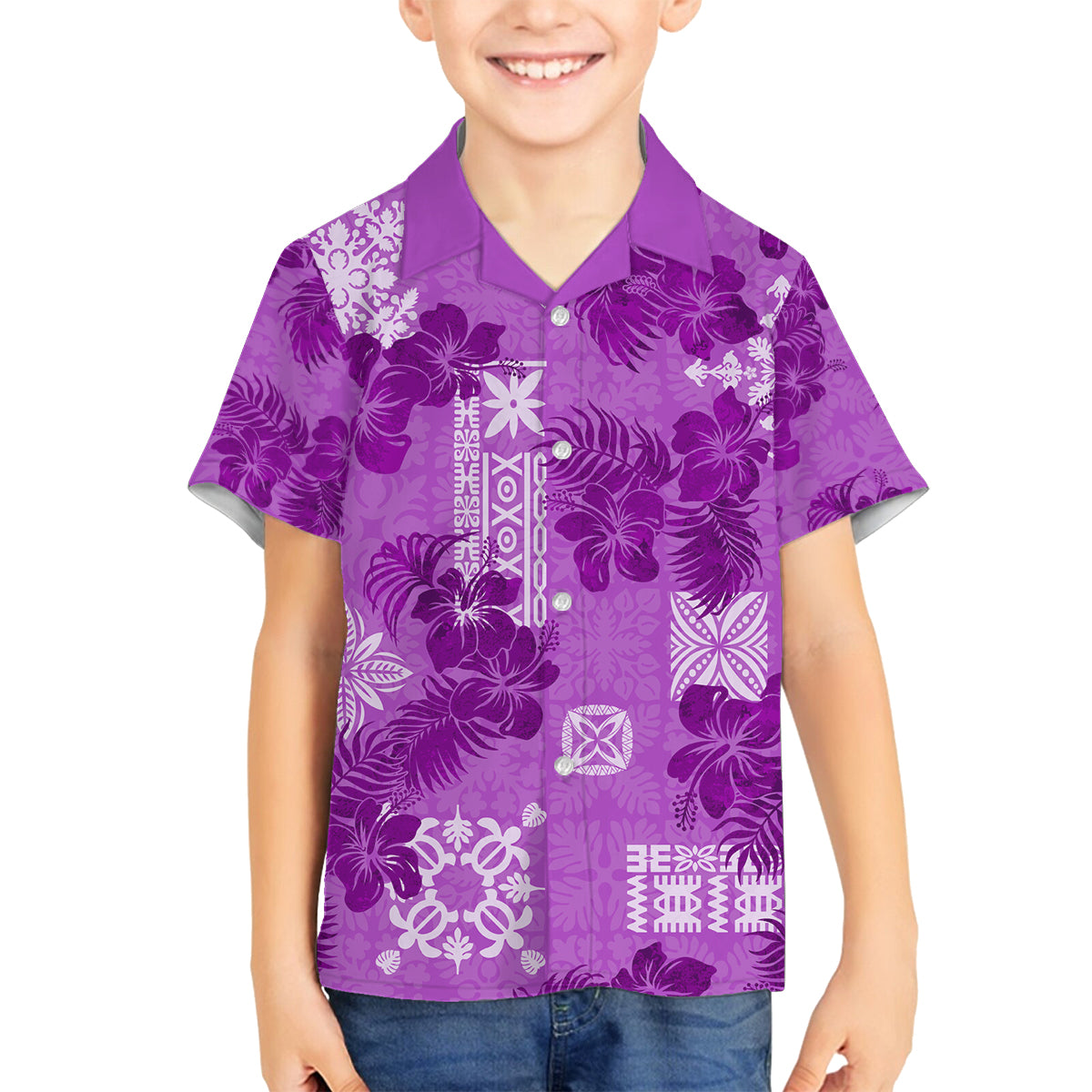 Hawaii Tapa Family Matching Off Shoulder Maxi Dress and Hawaiian Shirt Hibiscus Mix Hawaiian Quilt Patches - Violet LT7 Son's Shirt Violet - Polynesian Pride