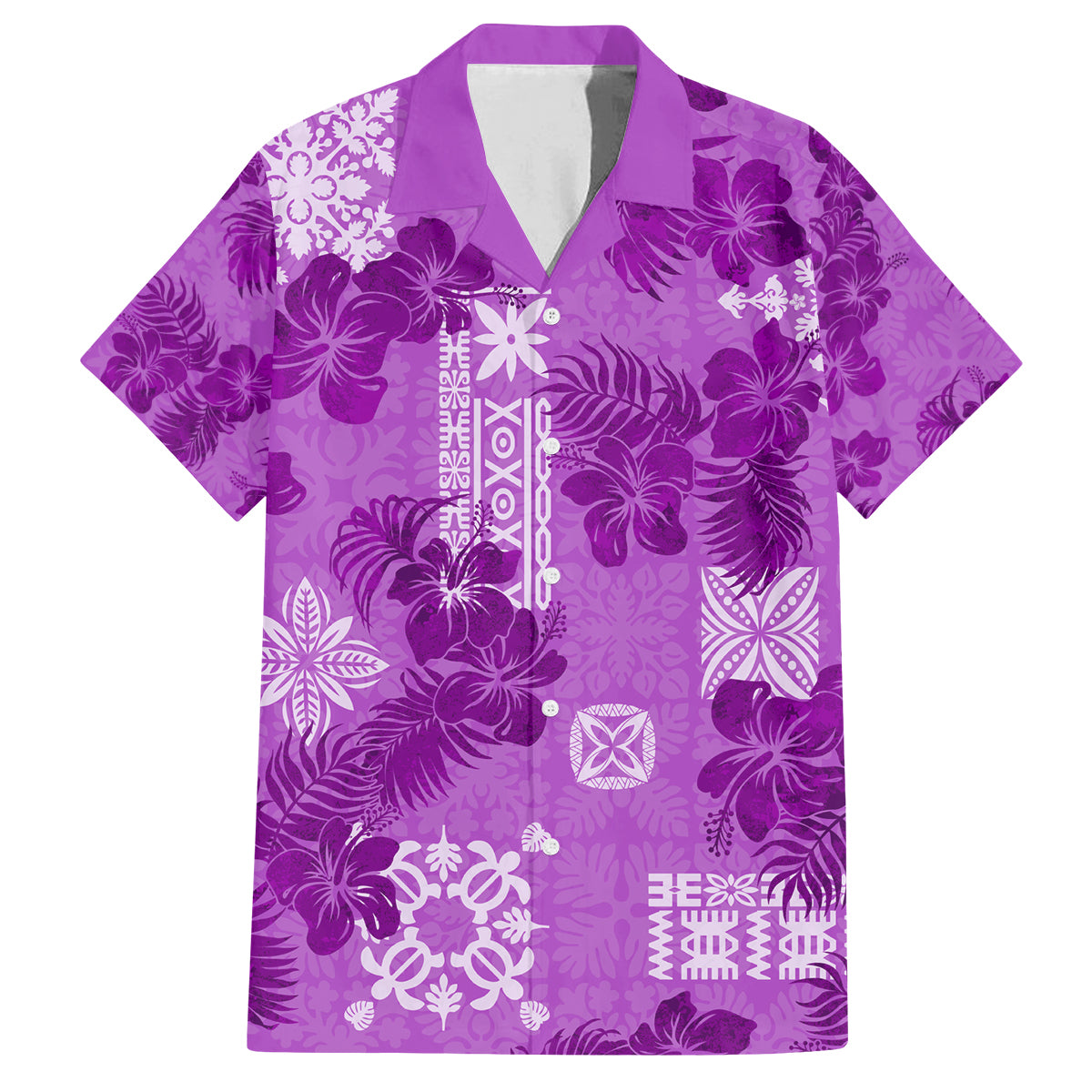 Hawaii Tapa Family Matching Puletasi Dress and Hawaiian Shirt Hibiscus Mix Hawaiian Quilt Patches - Violet LT7 Dad's Shirt - Short Sleeve Violet - Polynesian Pride