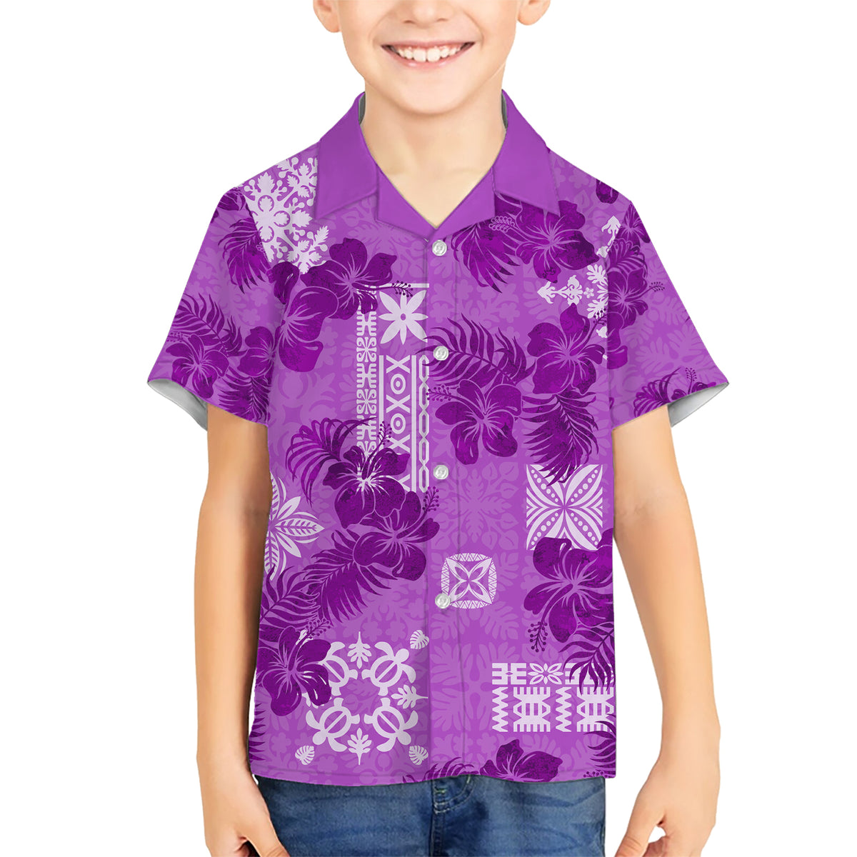 Hawaii Tapa Family Matching Short Sleeve Bodycon Dress and Hawaiian Shirt Hibiscus Mix Hawaiian Quilt Patches - Violet LT7 Son's Shirt Violet - Polynesian Pride