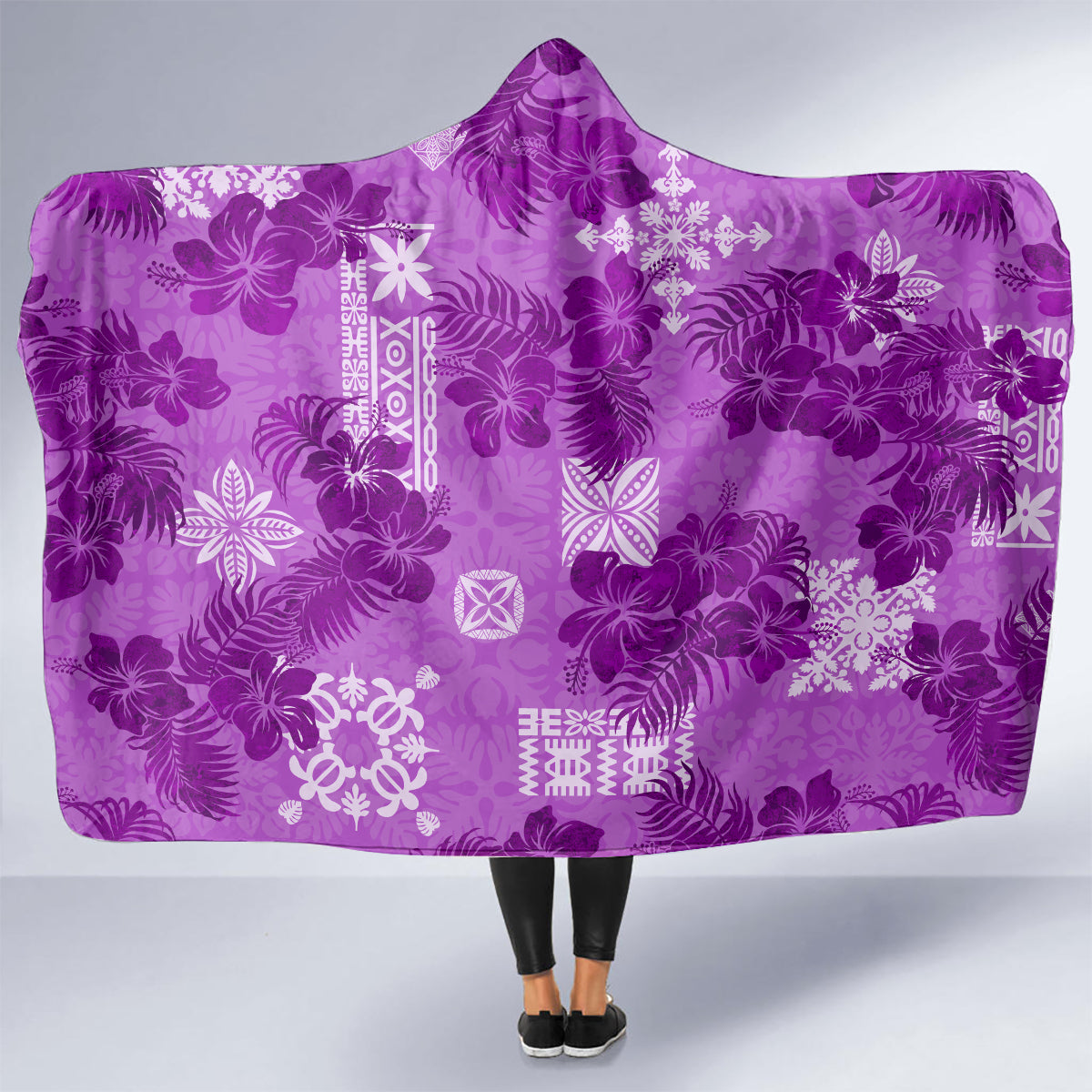 Hawaii Tapa Hooded Blanket Hibiscus Mix Hawaiian Quilt Patches - Violet LT7 - Polynesian Pride