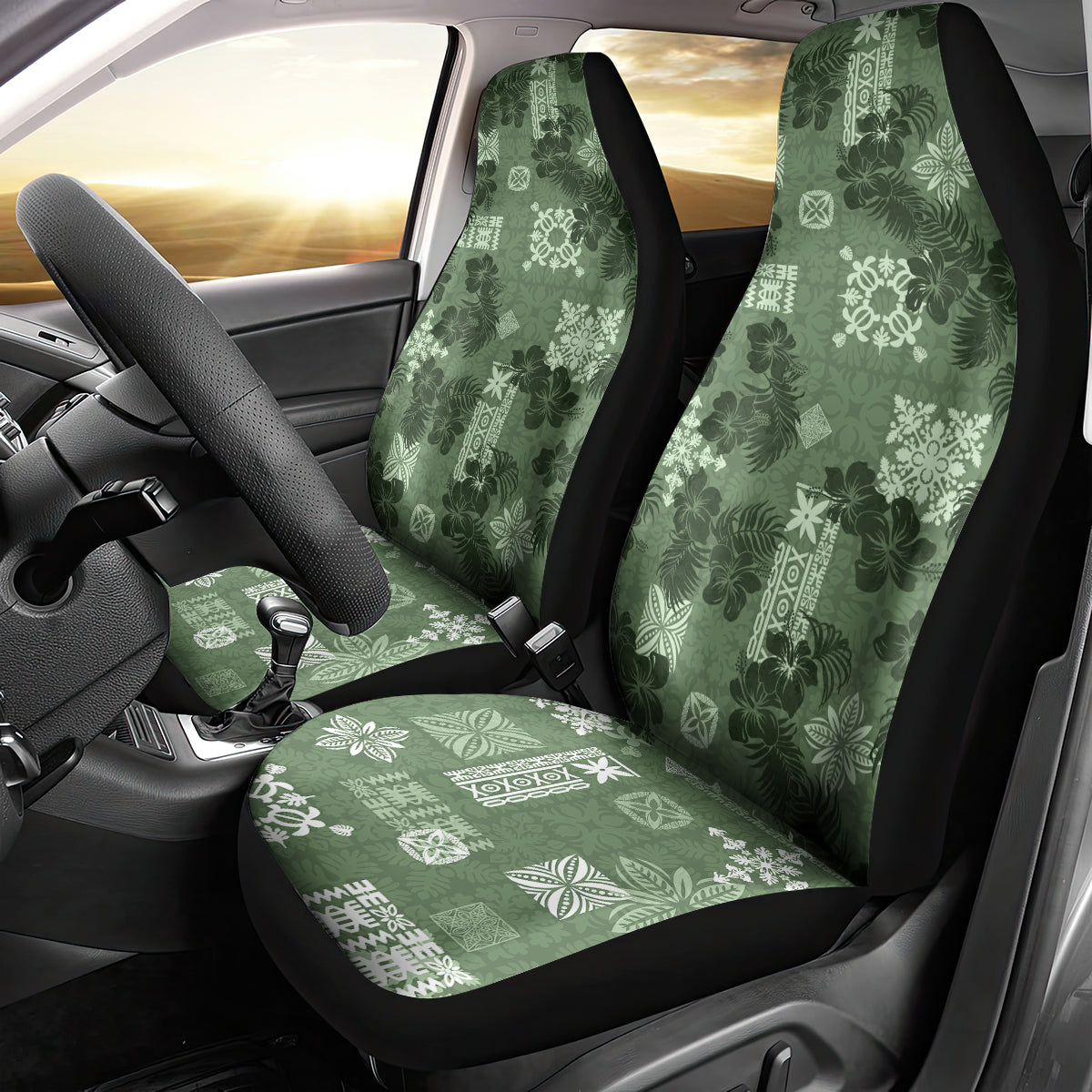 Hawaii Tapa Car Seat Cover Hibiscus Mix Hawaiian Quilt Patches - Sage Green LT7 - Polynesian Pride