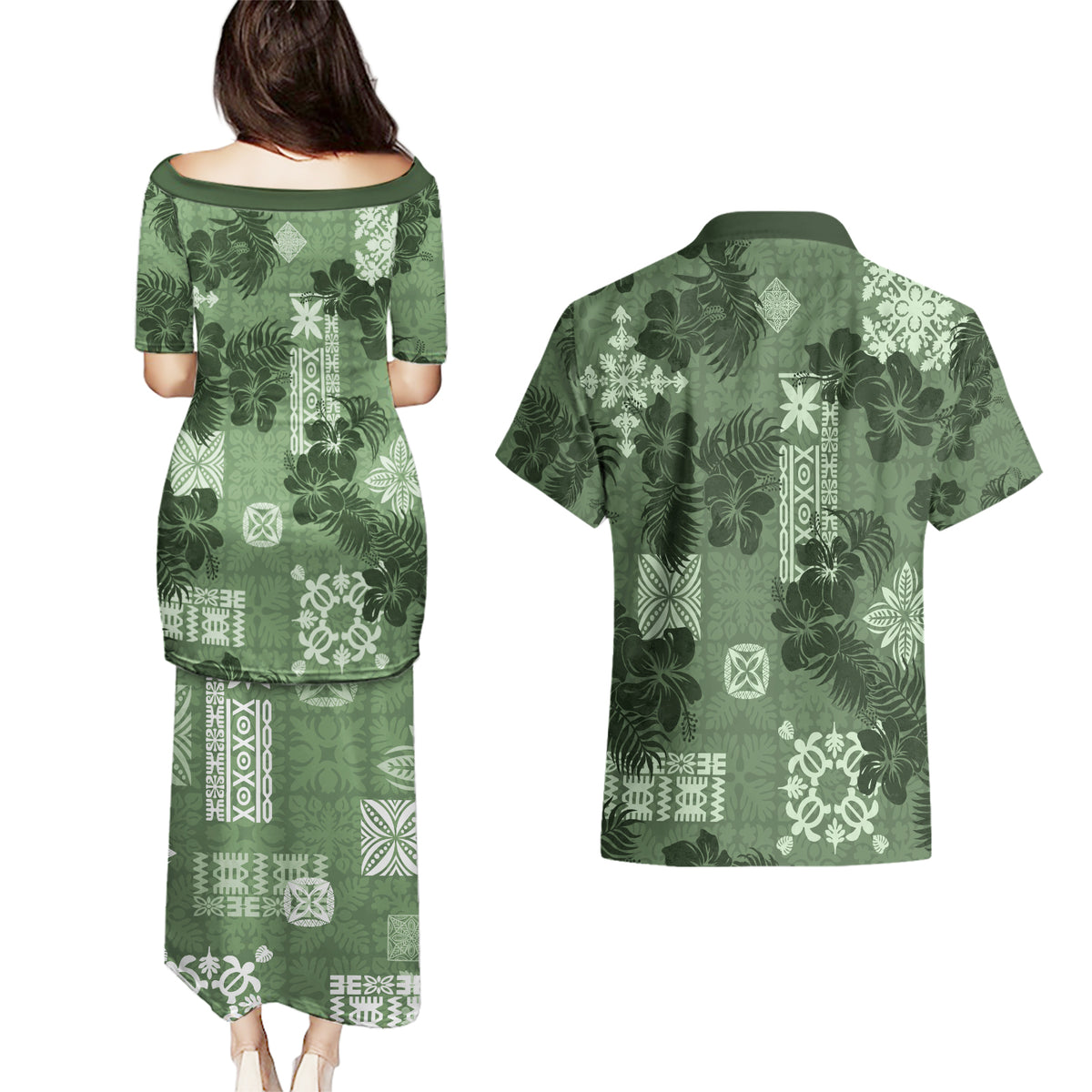 Hawaii Tapa Couples Matching Puletasi Dress and Hawaiian Shirt Hibiscus Mix Hawaiian Quilt Patches - Sage Green LT7 - Polynesian Pride