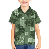 Hawaii Tapa Family Matching Off Shoulder Short Dress and Hawaiian Shirt Hibiscus Mix Hawaiian Quilt Patches - Sage Green LT7 Son's Shirt Sage Green - Polynesian Pride