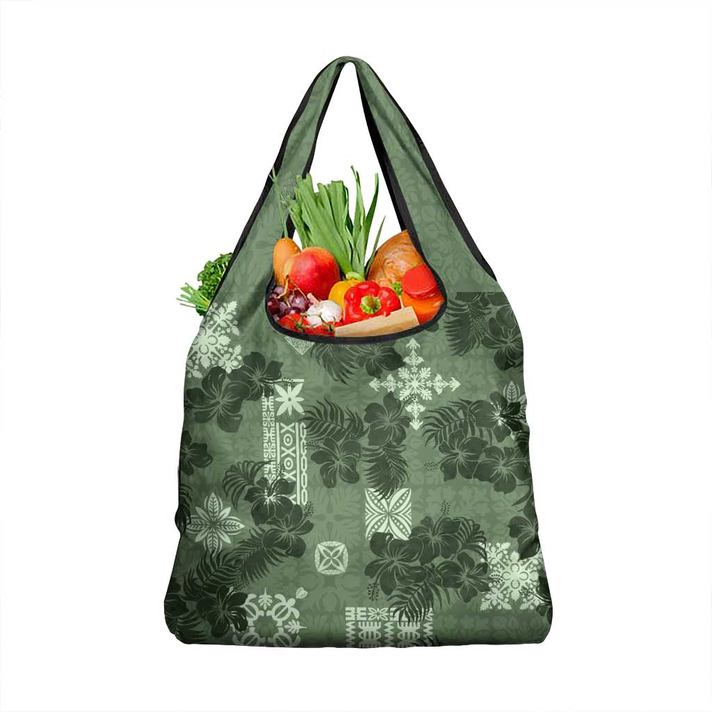 Hawaii Tapa Grocery Bag Hibiscus Mix Hawaiian Quilt Patches - Sage Green