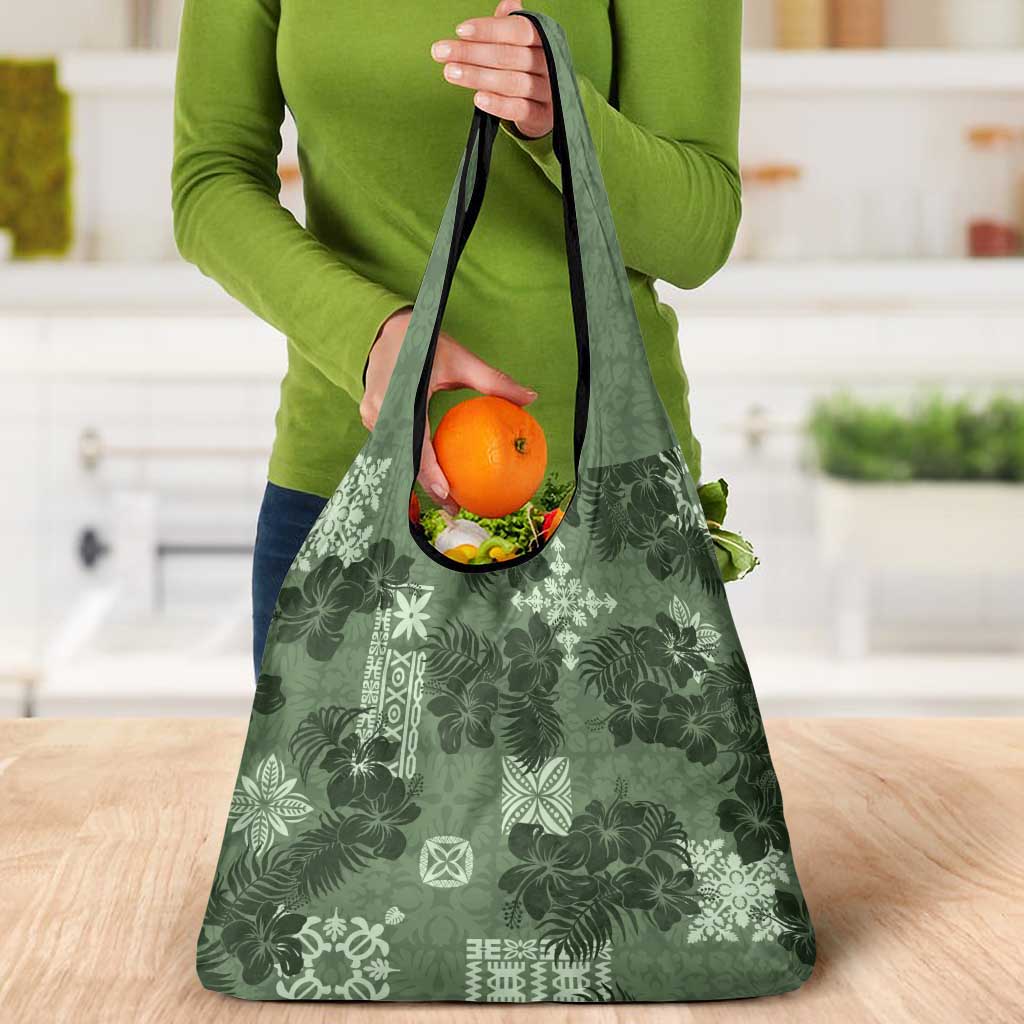 Hawaii Tapa Grocery Bag Hibiscus Mix Hawaiian Quilt Patches - Sage Green