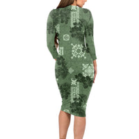 Hawaii Tapa Long Sleeve Bodycon Dress Hibiscus Mix Hawaiian Quilt Patches - Sage Green LT7 - Polynesian Pride