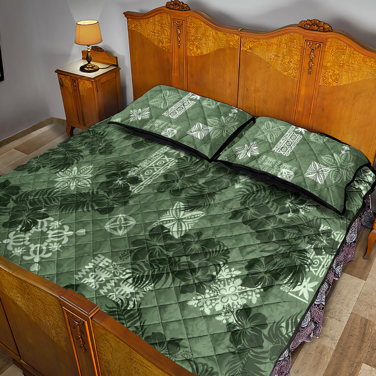 Hawaii Tapa Quilt Bed Set Hibiscus Mix Hawaiian Quilt Patches - Sage Green LT7 - Polynesian Pride