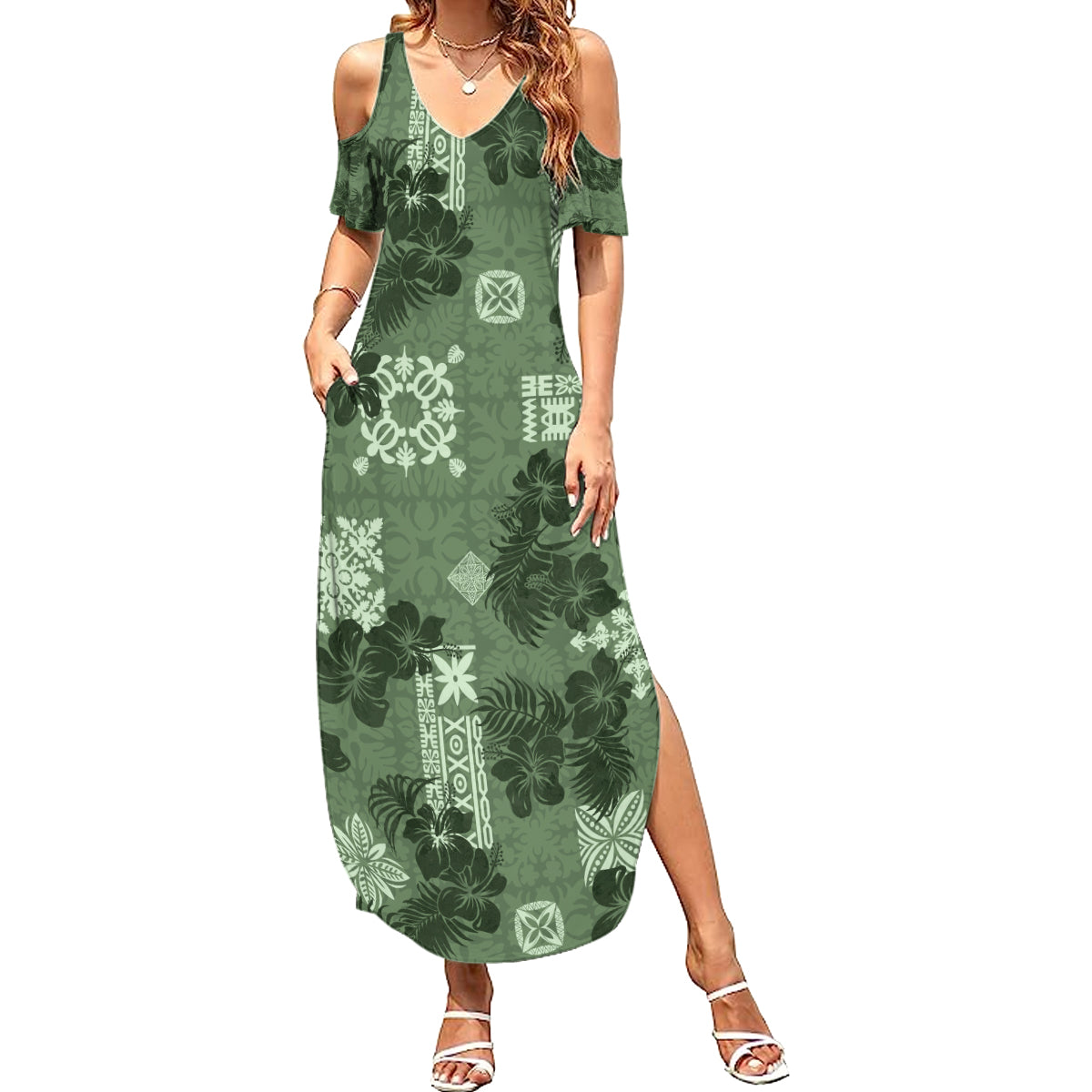Hawaii Tapa Summer Maxi Dress Hibiscus Mix Hawaiian Quilt Patches - Sage Green LT7 Women Sage Green - Polynesian Pride