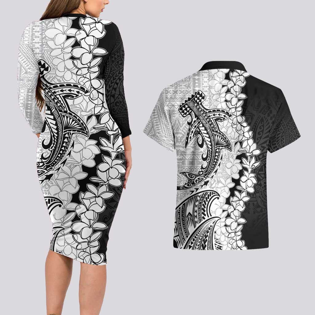 Polynesian Plumeria Lei Couples Matching Long Sleeve Bodycon Dress and Hawaiian Shirt with Hammerhead Shark LT7 - Polynesian Pride