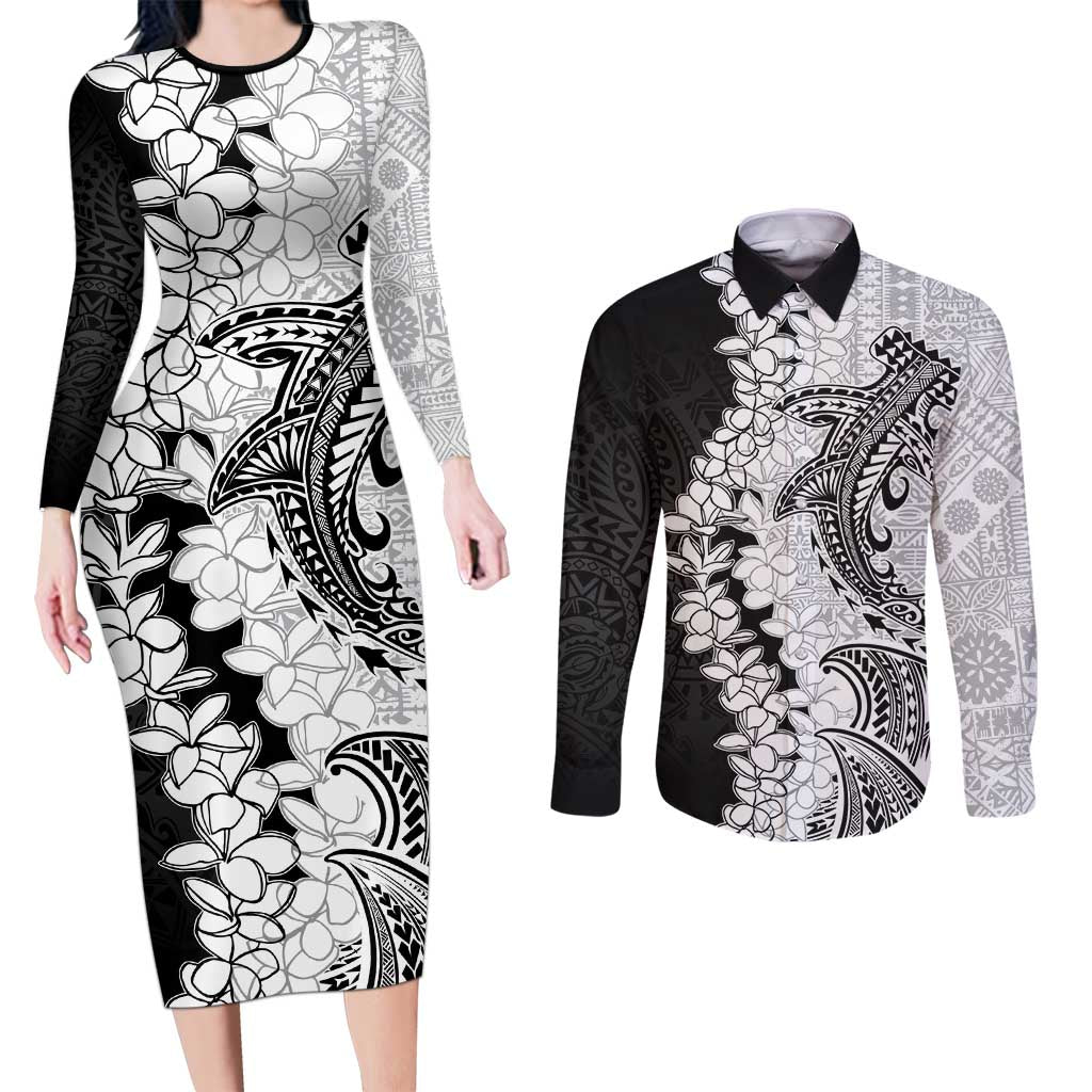 Polynesian Plumeria Lei Couples Matching Long Sleeve Bodycon Dress and Long Sleeve Button Shirt with Hammerhead Shark