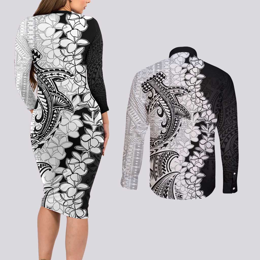 Polynesian Plumeria Lei Couples Matching Long Sleeve Bodycon Dress and Long Sleeve Button Shirt with Hammerhead Shark