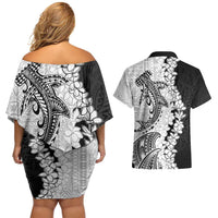 Polynesian Plumeria Lei Couples Matching Off Shoulder Short Dress and Hawaiian Shirt with Hammerhead Shark