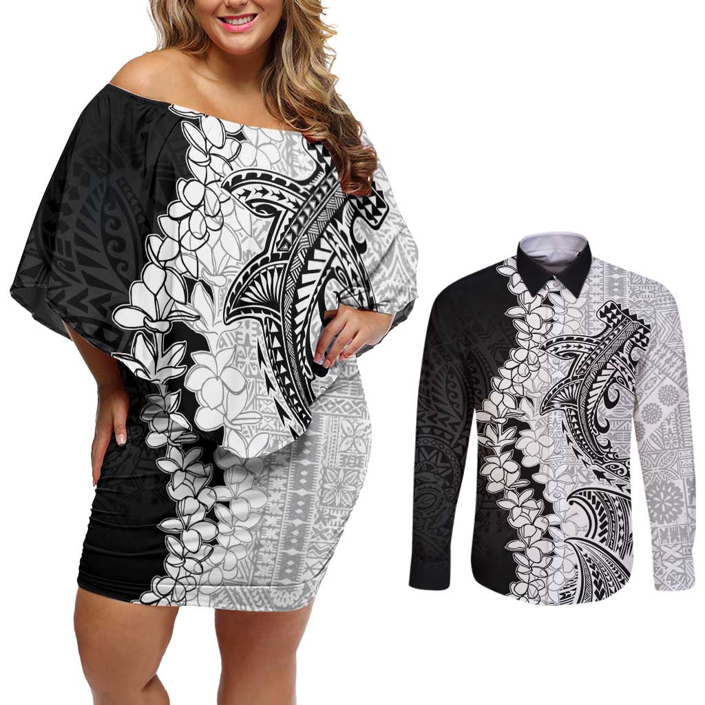 Polynesian Plumeria Lei Couples Matching Off Shoulder Short Dress and Long Sleeve Button Shirt with Hammerhead Shark