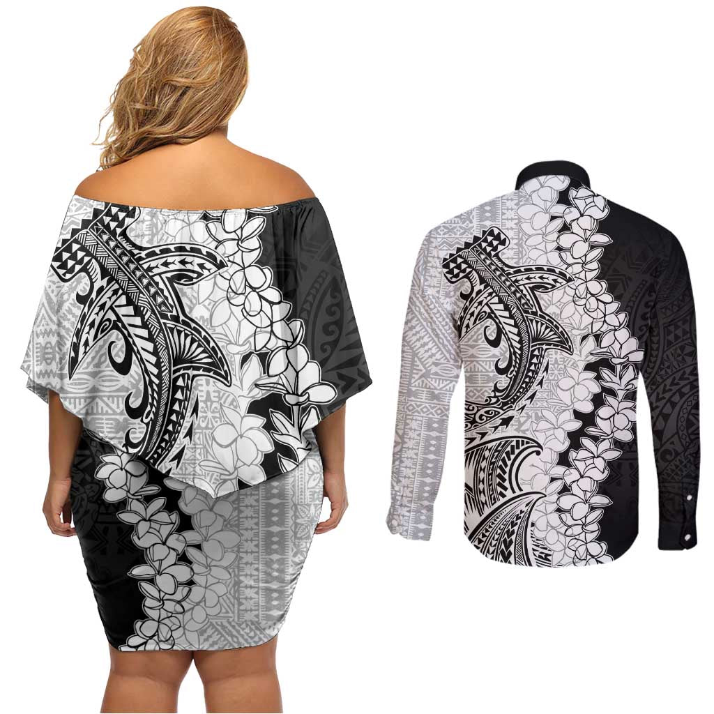 Polynesian Plumeria Lei Couples Matching Off Shoulder Short Dress and Long Sleeve Button Shirt with Hammerhead Shark