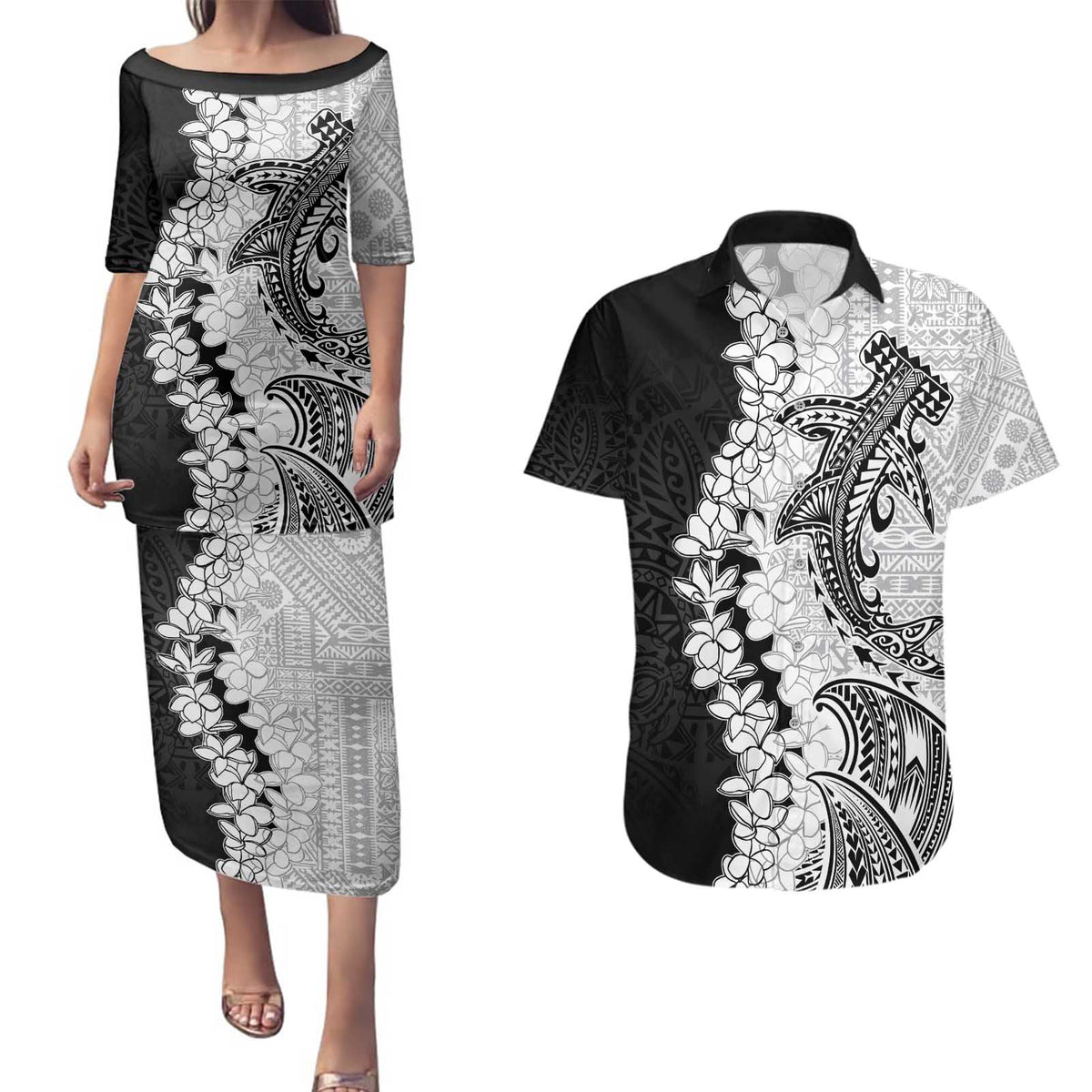 Polynesian Plumeria Lei Couples Matching Puletasi and Hawaiian Shirt with Hammerhead Shark