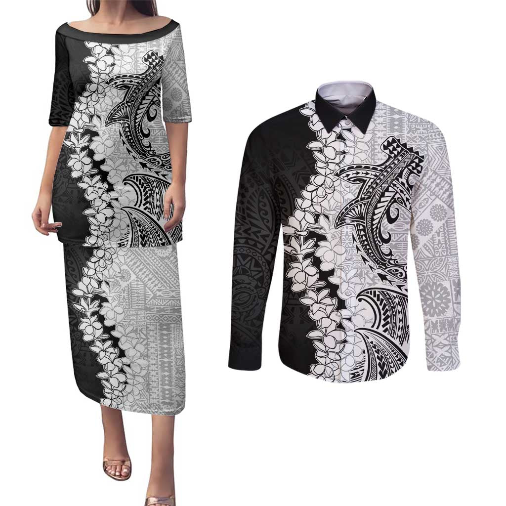 Polynesian Plumeria Lei Couples Matching Puletasi and Long Sleeve Button Shirt with Hammerhead Shark