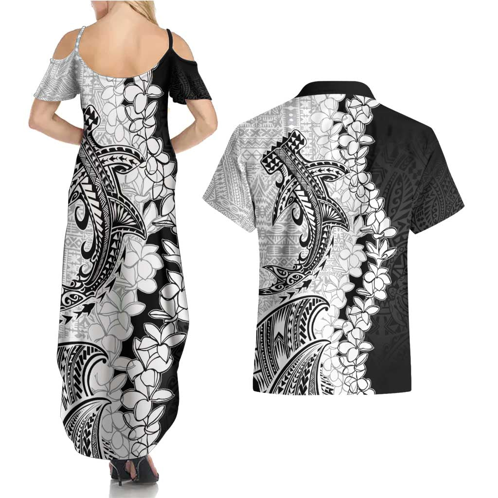 Polynesian Plumeria Lei Couples Matching Summer Maxi Dress and Hawaiian Shirt with Hammerhead Shark