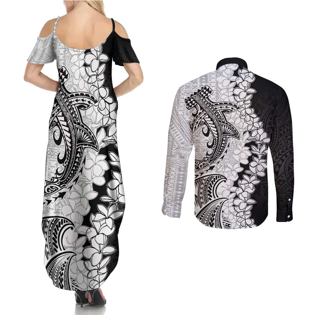 Polynesian Plumeria Lei Couples Matching Summer Maxi Dress and Long Sleeve Button Shirt with Hammerhead Shark
