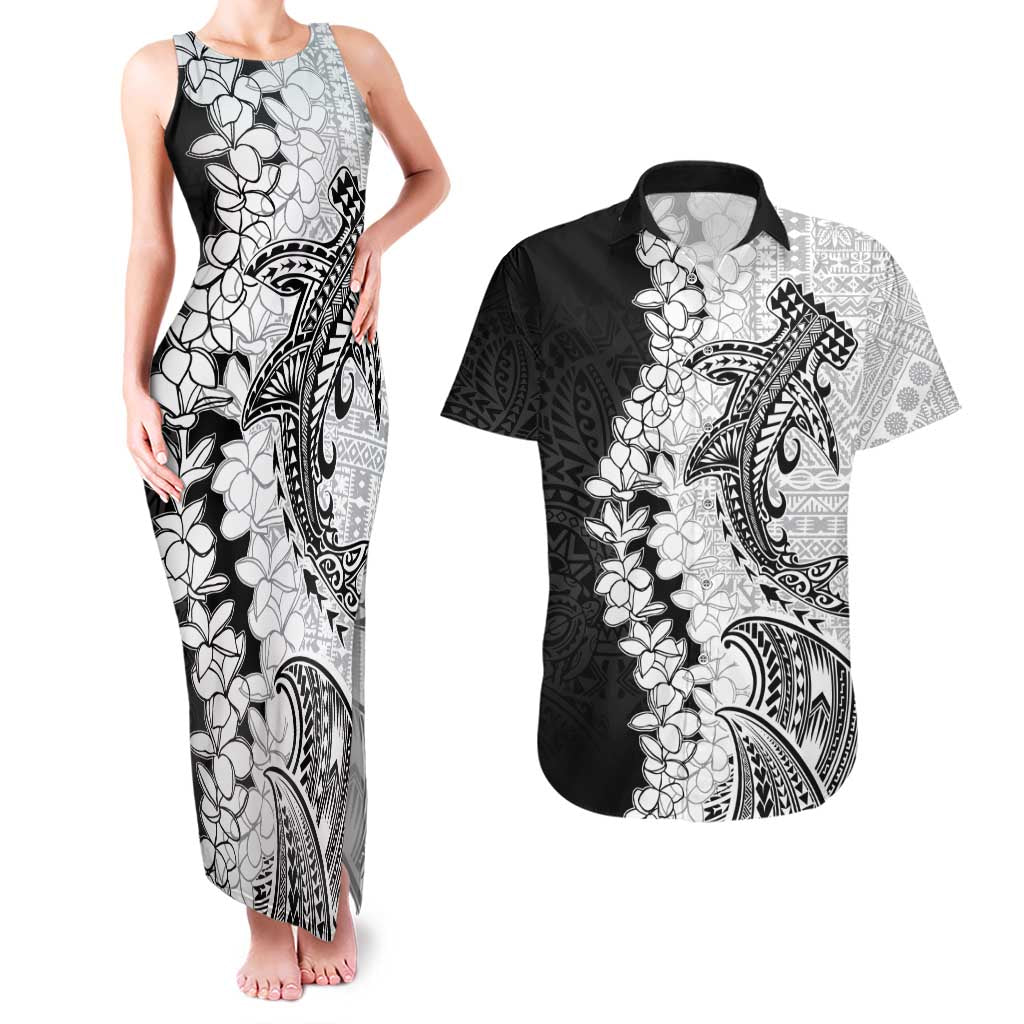 Polynesian Plumeria Lei Couples Matching Tank Maxi Dress and Hawaiian Shirt with Hammerhead Shark