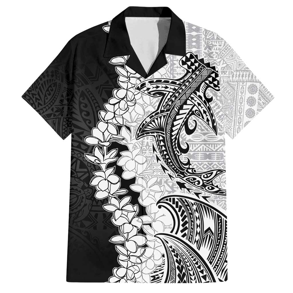 Polynesian Plumeria Lei Family Matching Off Shoulder Short Dress and Hawaiian Shirt with Hammerhead Shark
