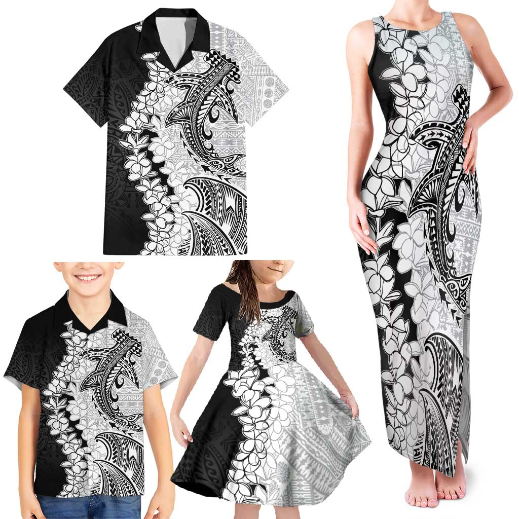 Polynesian Plumeria Lei Family Matching Tank Maxi Dress and Hawaiian Shirt with Hammerhead Shark